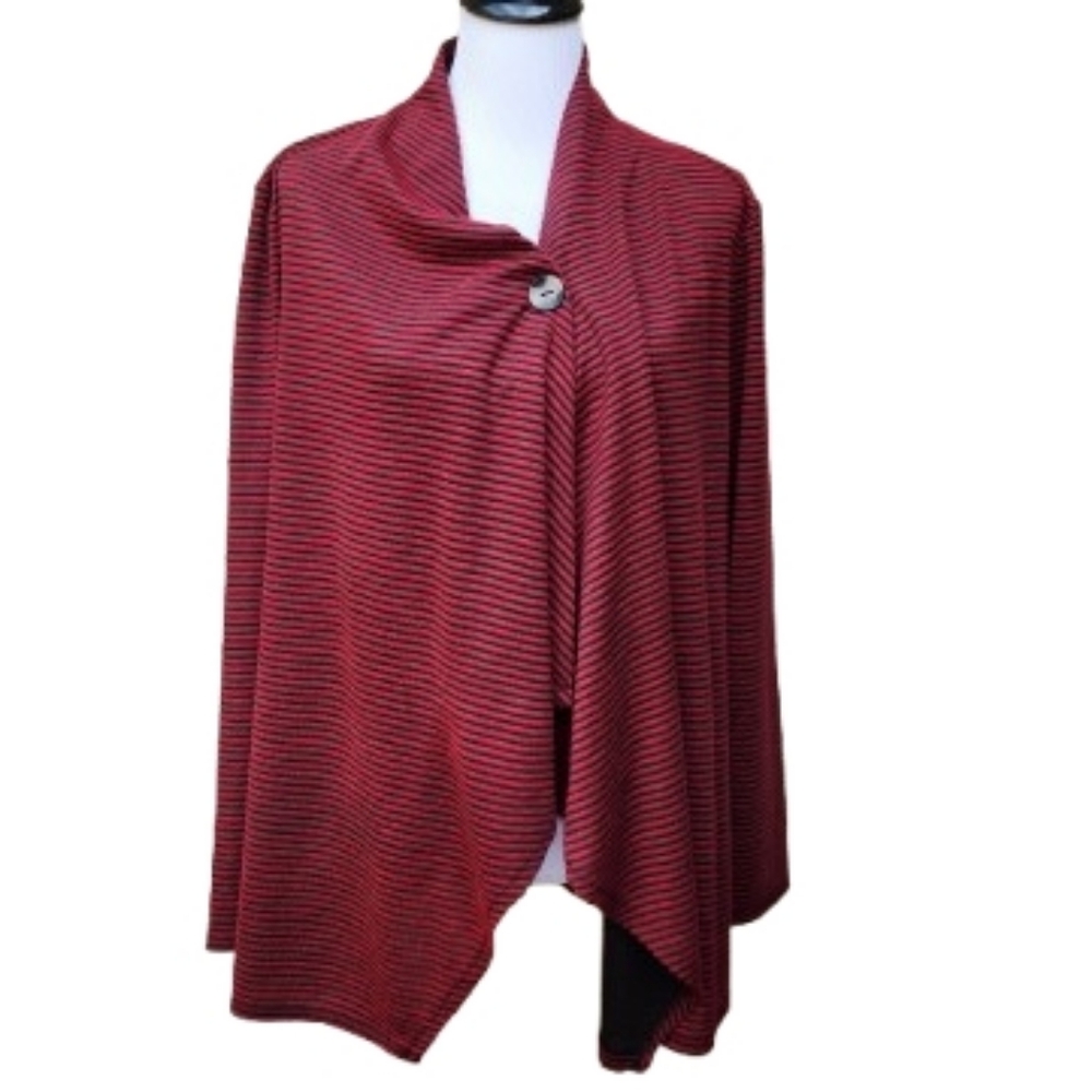 AB Studio Striped Flyaway Cardigan Top Red Black Single Button Closure Jacket